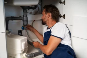A man working on a sink in Central California, specializing in leak detection.