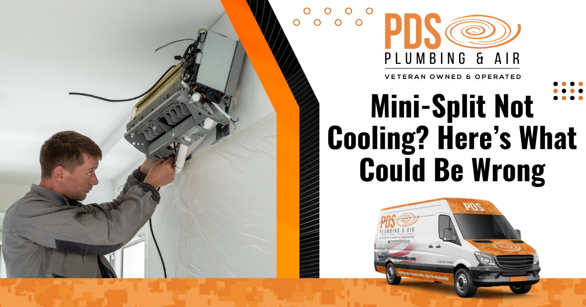 A technician repairs a wall-mounted unit; text reads “Mini-Split Not Cooling? Here’s What Could Be Wrong” with PDS Plumbing & Air branding, a service van, and tips for mini-split troubleshooting.
