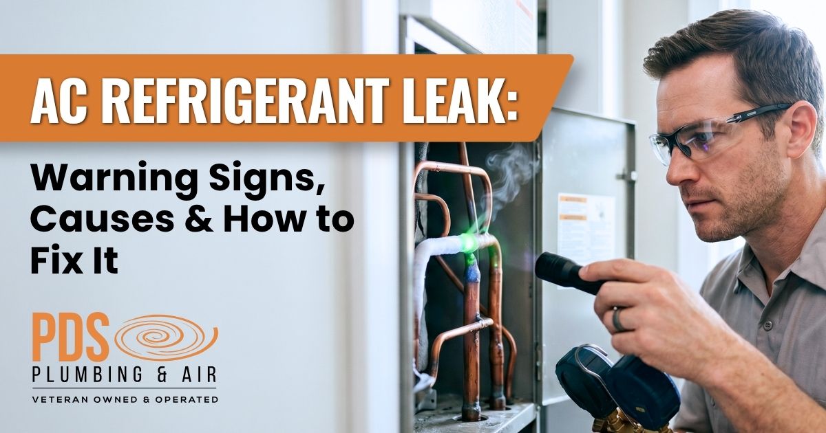 A technician inspects AC refrigerant pipes with tools; text overlay reads "AC Refrigerant Leak: Warning Signs, Causes & How to Fix It." Learn about warning signs and how to fix AC refrigerant leaks. PDS Plumbing & Air logo displayed.