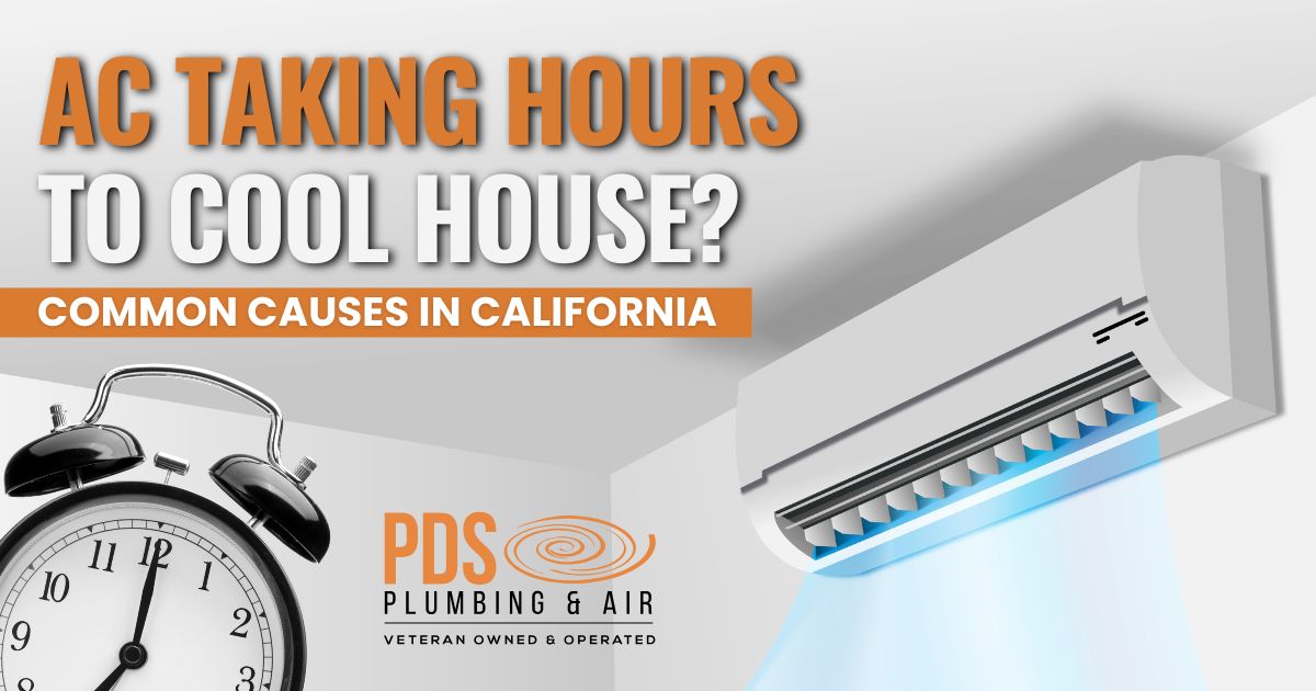 An illustration of a wall-mounted air conditioner blowing cool air, a clock, and text about AC cooling issues and common causes for delays in California, featuring PDS Plumbing & Air branding.