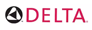 Delta logo featuring a black and white triangular symbol to the left of the word "DELTA" in bold red capital letters.