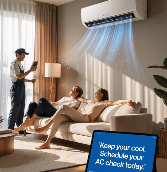 A technician inspects an air conditioner as a couple relaxes on a sofa; a tablet in the foreground displays, "Keep your cool. Schedule your AC check today.