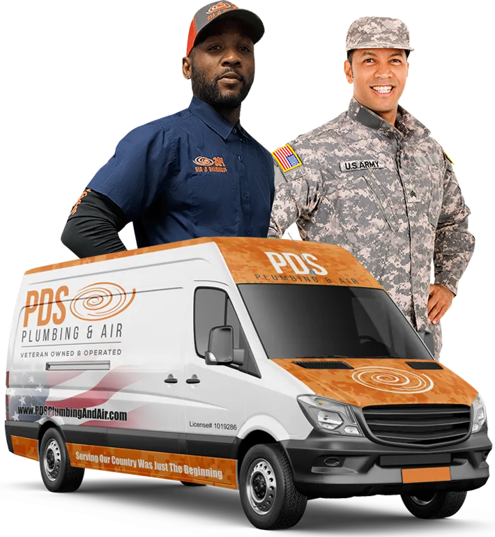Two men, one in a PDS Plumbing & Air uniform and one in a U.S. Army uniform, stand behind a PDS Plumbing & Air service van with company branding and slogans visible.