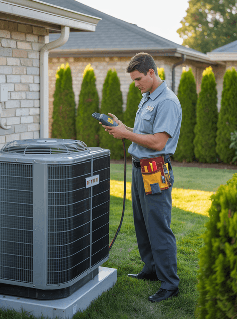 A technician in uniform uses a diagnostic tool to inspect an outdoor air conditioning unit beside a house on a sunny day.