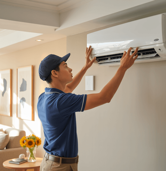 A technician in a blue uniform inspects or repairs a wall-mounted air conditioning unit in a living room.