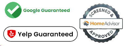 Logos for Google Guaranteed, Yelp Guaranteed, and a “Screened & Approved” HomeAdvisor badge are shown, indicating verified or approved status by these services.