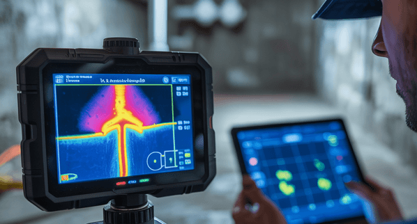 A person uses a tablet while monitoring a thermal imaging camera displaying a bright heat signature in an industrial setting, showcasing how Plumbing Experts utilize advanced technology to detect issues efficiently.