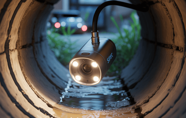 A CCTV camera with LED lights, used by Plumbing Experts, is mounted inside a round drainage pipe with water at the bottom and a blurred car visible outside the pipe.