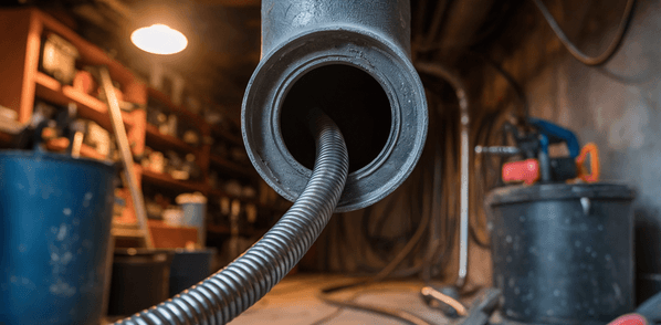 Close-up view of a flexible metal hose extending from a large pipe in a workshop or utility room, highlighting essential plumbing equipment with shelves and tools blurred in the background.