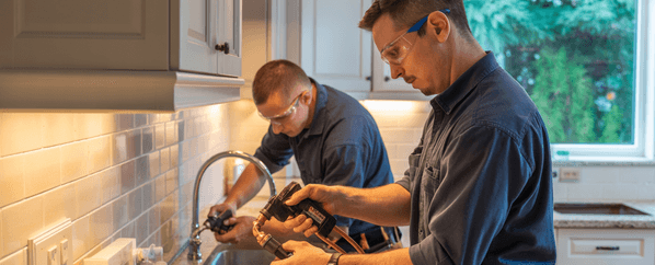 Two plumbing experts wearing safety glasses work in a kitchen; one checks pipes under the sink while the other inspects plumbing parts near the countertop, ensuring top-quality plumbing services.
