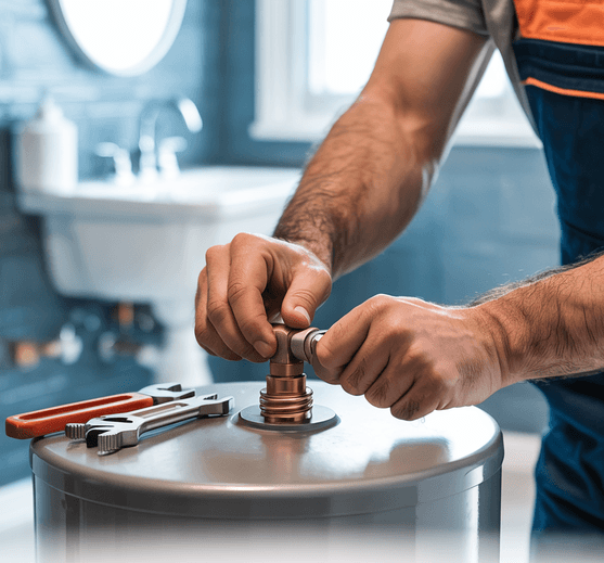 A person uses a wrench to tighten a pipe fitting on top of a water heater during a bathroom water heater installation.