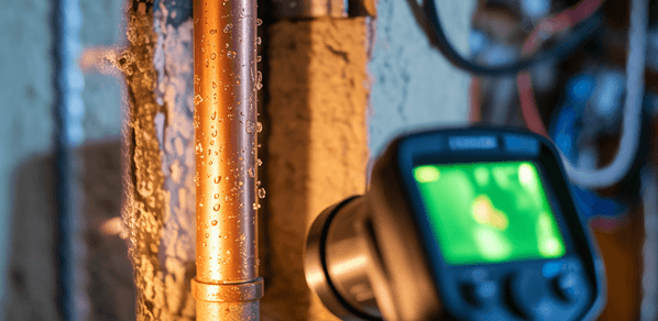 A thermal imaging camera is pointed at a copper pipe with visible water droplets, allowing Plumbing Experts to inspect for leaks or temperature issues.