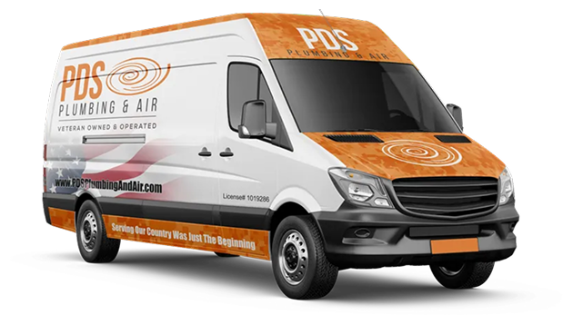 A white and orange van with "PDS Plumbing & Air" branding, veteran-owned label, and service website printed on the side, highlights their expert indoor air quality services, parked on a plain background.