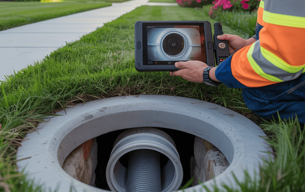 An expert plumber uses a tablet to inspect the inside of an underground pipe through a round manhole in a grassy area near a sidewalk.
