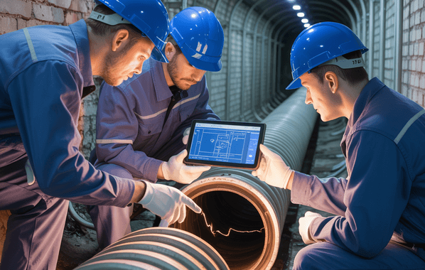 Three plumbing experts in blue uniforms and helmets inspect a large pipe in a tunnel, examining technical schematics on a tablet.